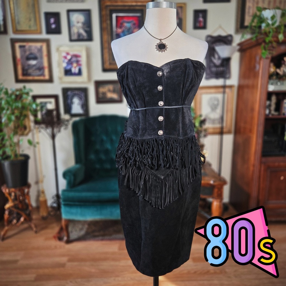 Vintage 80s Chia Black Suede Fringe Skirt Set Western‎ Corset Top Two Piece XS S